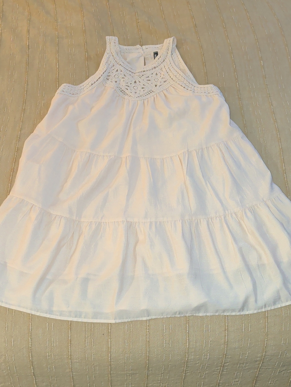 Ladies White Tiered Midi Dress with Crochet Yoke